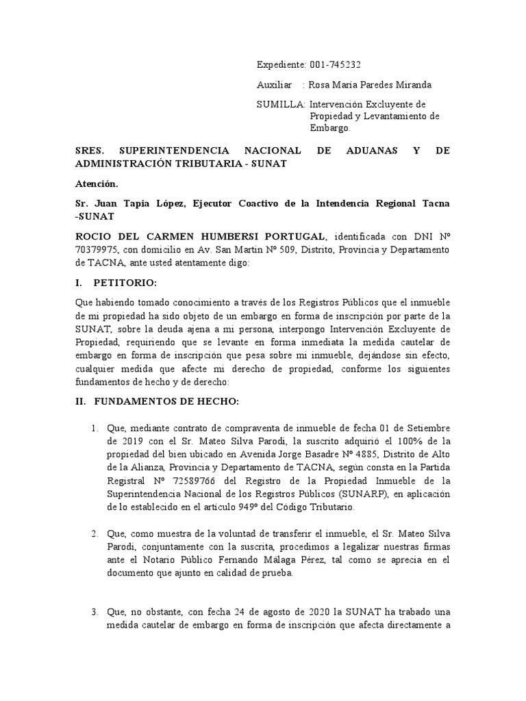 Intervención Excluyente de Propiedad SUNAT | PDF | Propiedad | Gobierno