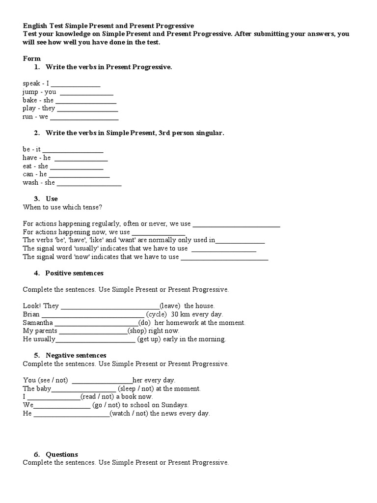 English Test Simple Present and Present Progressive | PDF | Verb |  Morphology