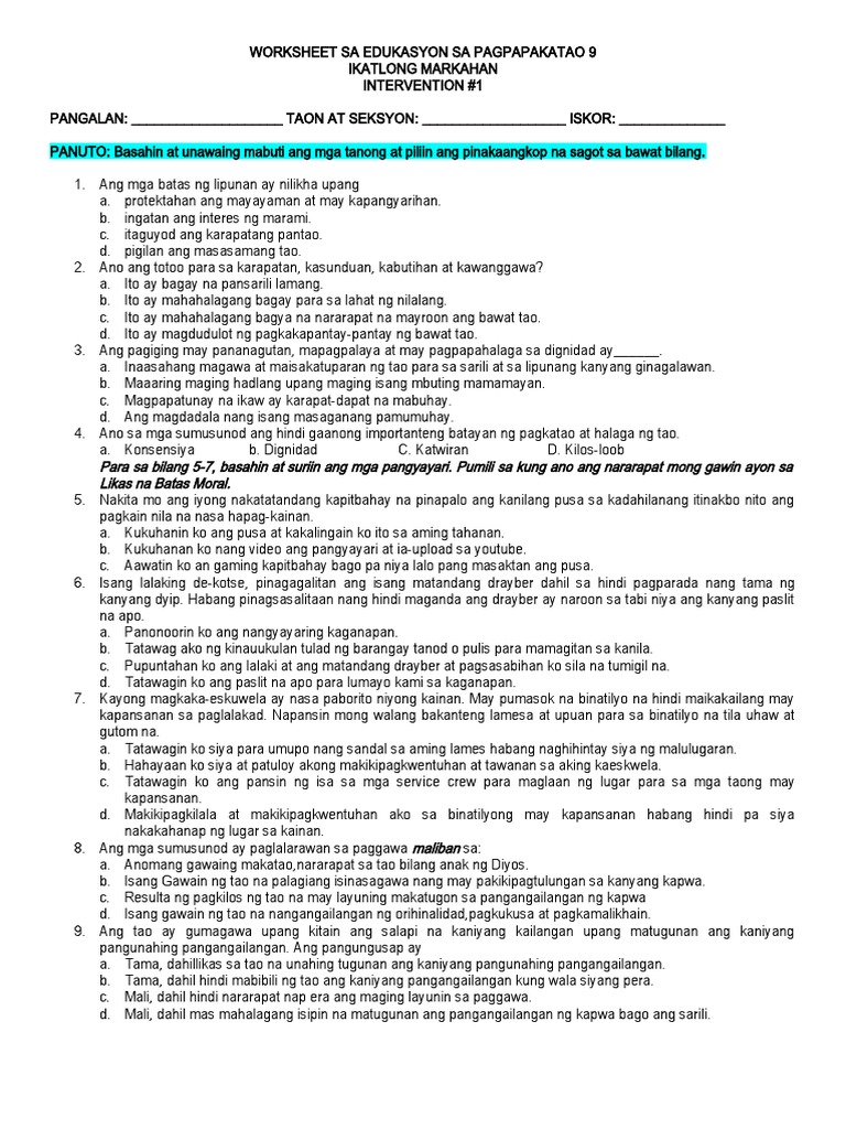 Esp Worksheet - Intervention Ikatlong Markahan | PDF
