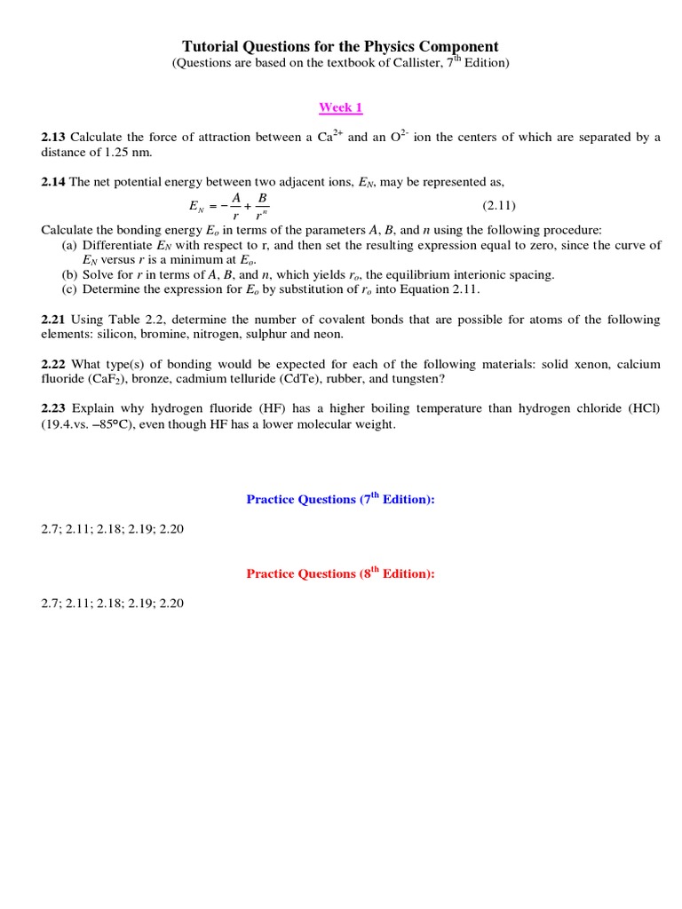 Tutorial Questions - Physics Component - 11 | PDF | Crystal Structure ...