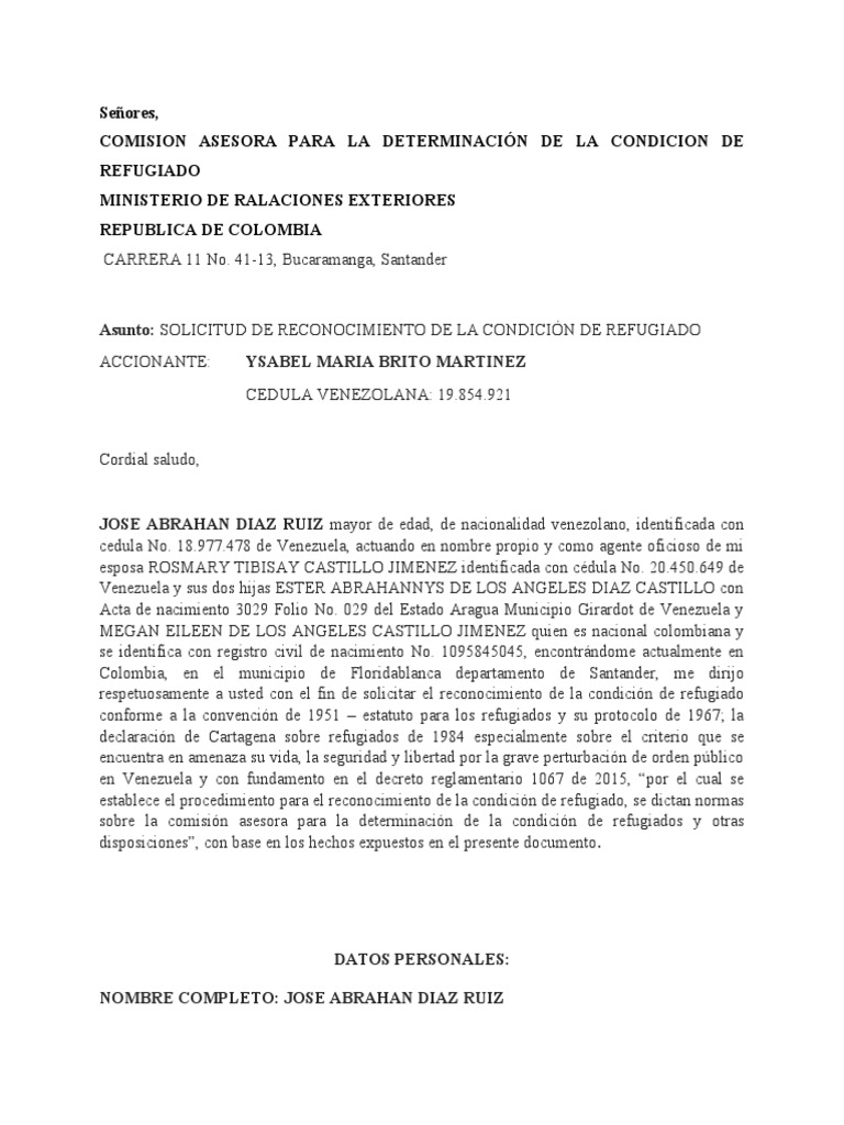 Modelo Solicitud de Asilo PDF Venezuela Refugiado