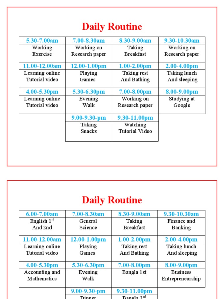 Daily Routine: 5.30-7.00am 7.00-8.30am 8.30-9.00am 9.30-10.30am | PDF ...