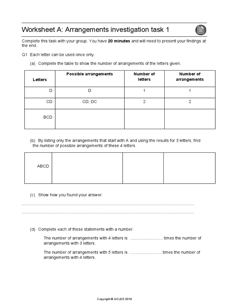 Worksheet A Arrangements Investigation Task 1 Letters Possible