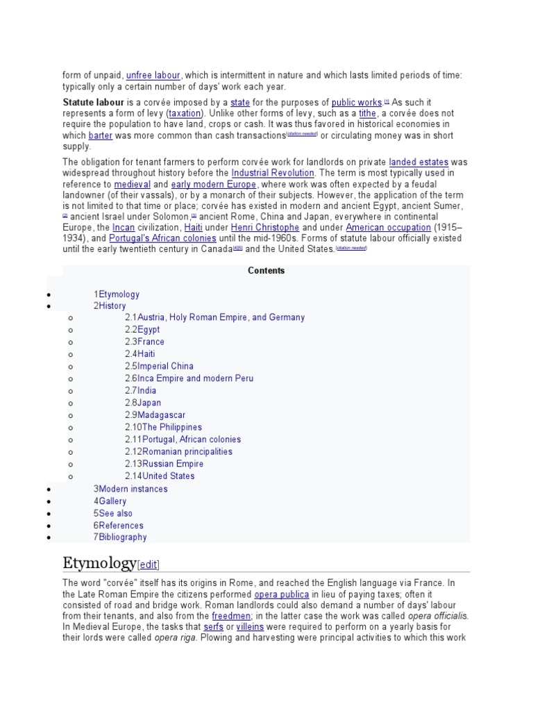 Etymology Statute Labour Is A Corvée Imposed by A PDF Economies