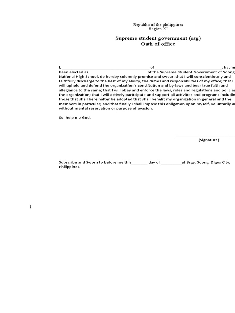 Supreme Student Government (SSG) Oath of Office | PDF