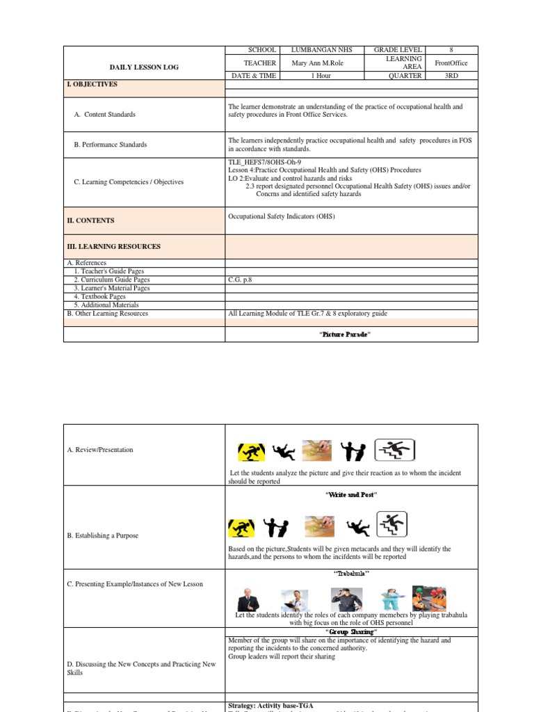 OHS Procedures Lesson Plan for Grade 8 | PDF | Occupational Safety And ...