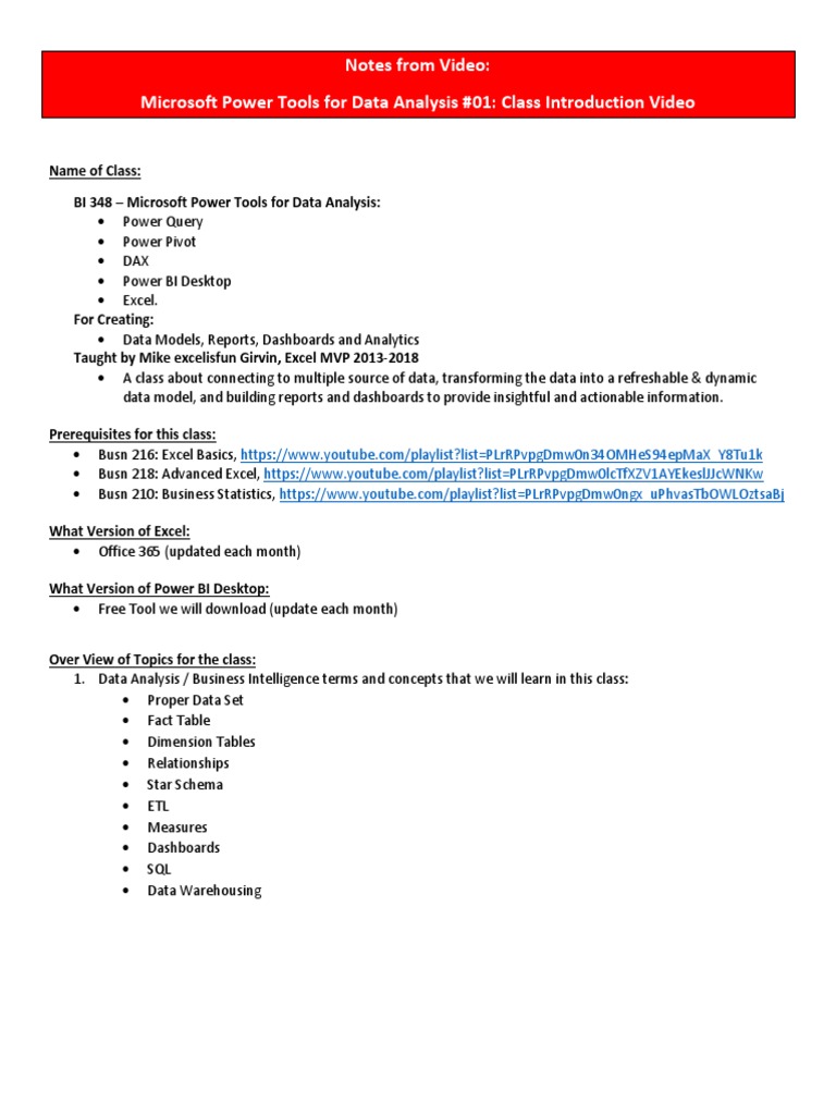 Notes From Video Microsoft Power Tools For Data Analysis 01 Class