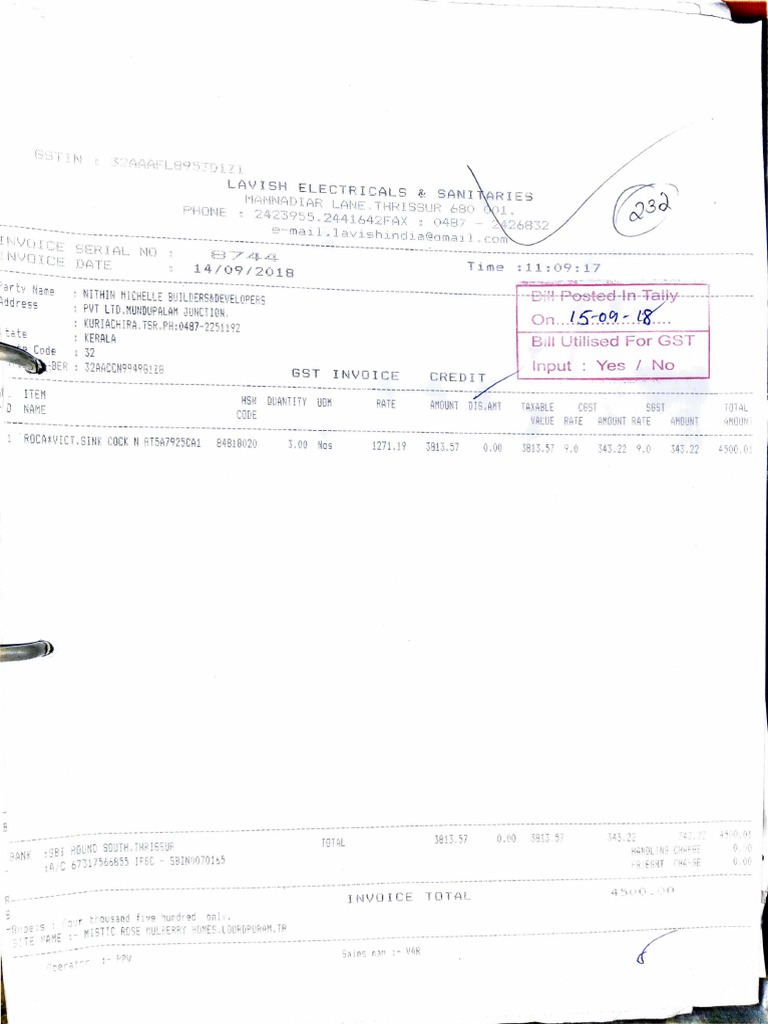 Invoice for the sale of 3 Roca bathroom fixtures indicating taxes paid