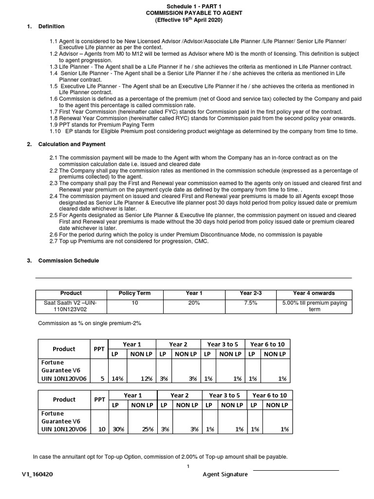 Agent Compensation Schedule - 16april2020 PDF | PDF | Taxes | Payments