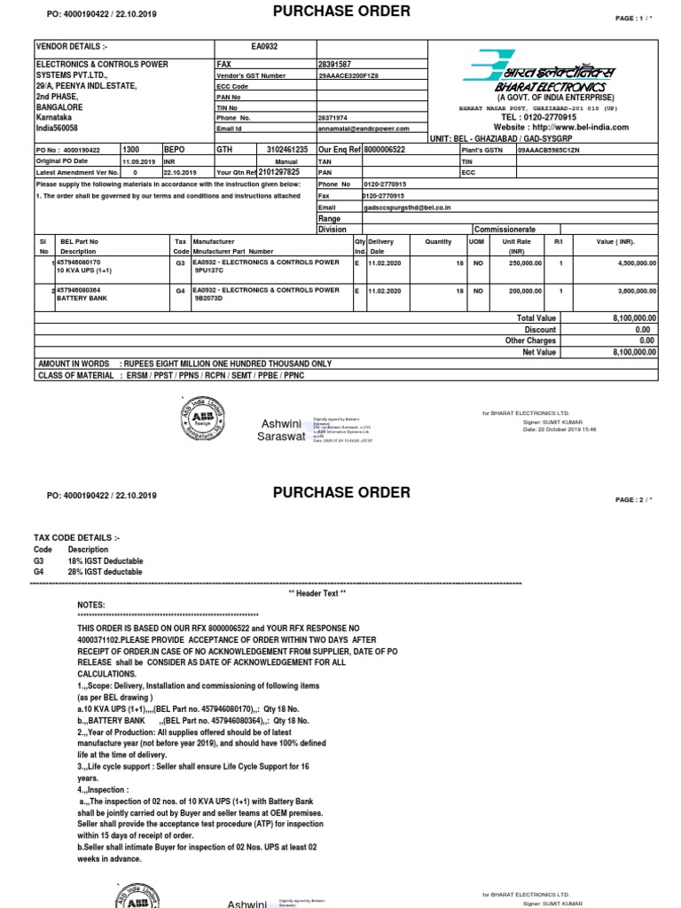 BEL 36 X 10 KVA Oct19 PDF | PDF | Invoice | Receipt