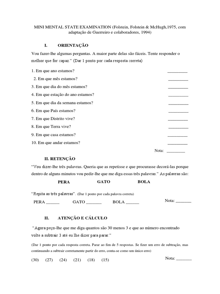 Mini Exame do Estado Mental (MMSE) | PDF