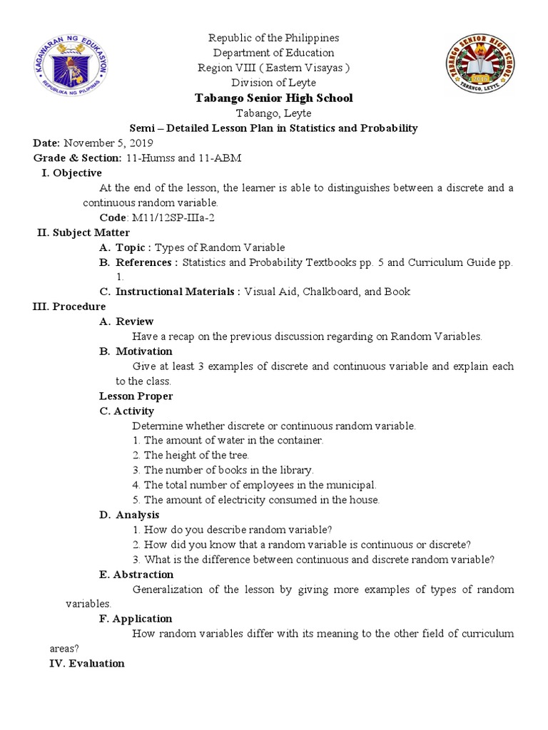 Grade 11 Statistics Lesson Plan | PDF | Lesson Plan | Random Variable