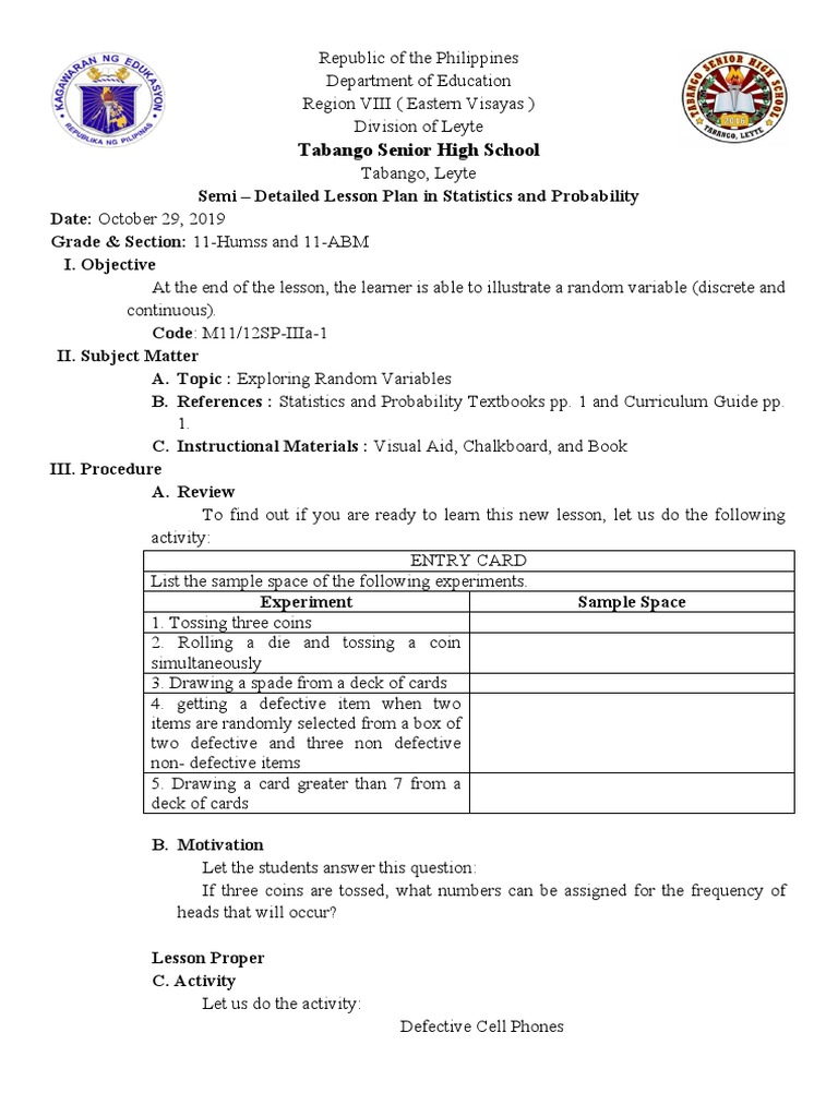 Lesson Plan: Random Variables in Statistics | PDF | Random Variable ...