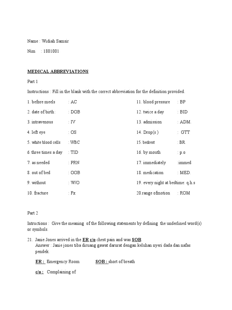 Medical Abbreviations White Blood Cells WBC 15. Bedrest BR 6 PDF