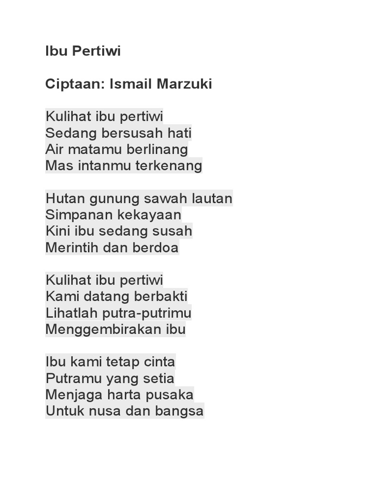 Lirik Lagu Ibu Pertiwi oleh Ismail Marzuki | PDF | Memasak, Makanan ...