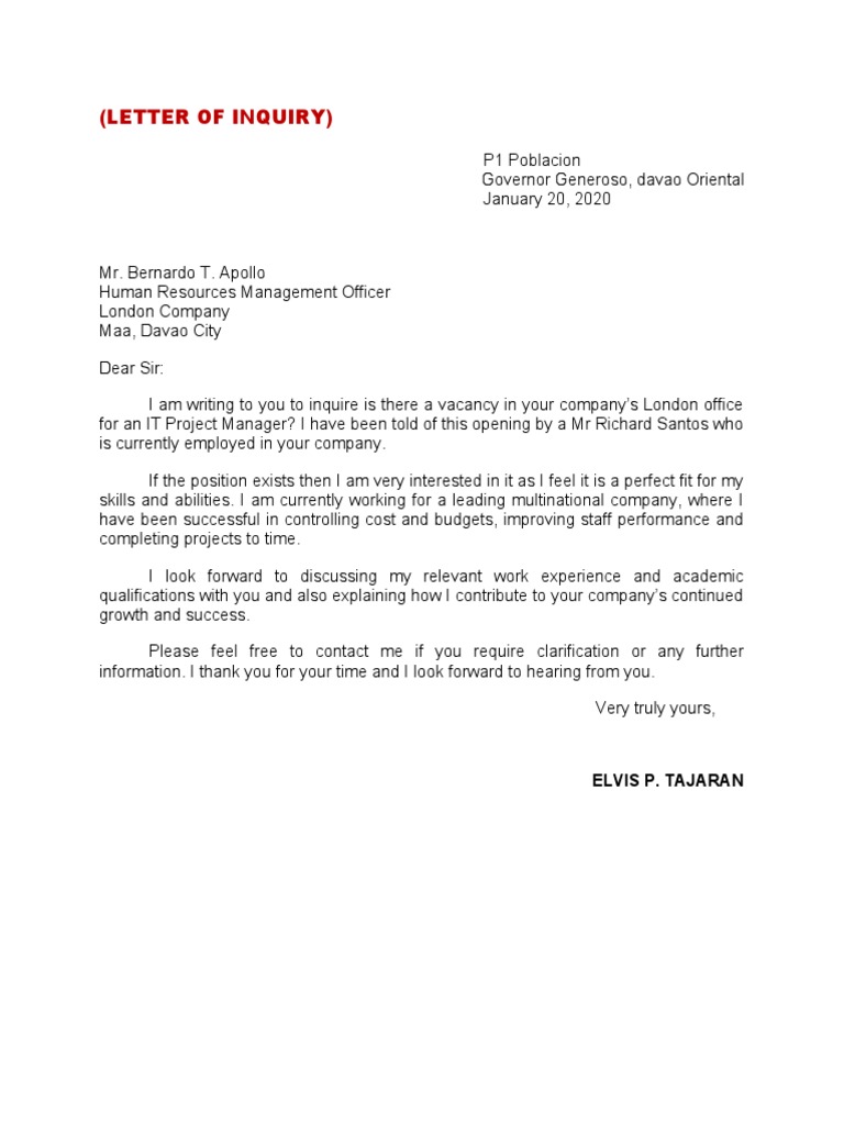 (Letter of Inquiry) : Elvis P. Tajaran | PDF
