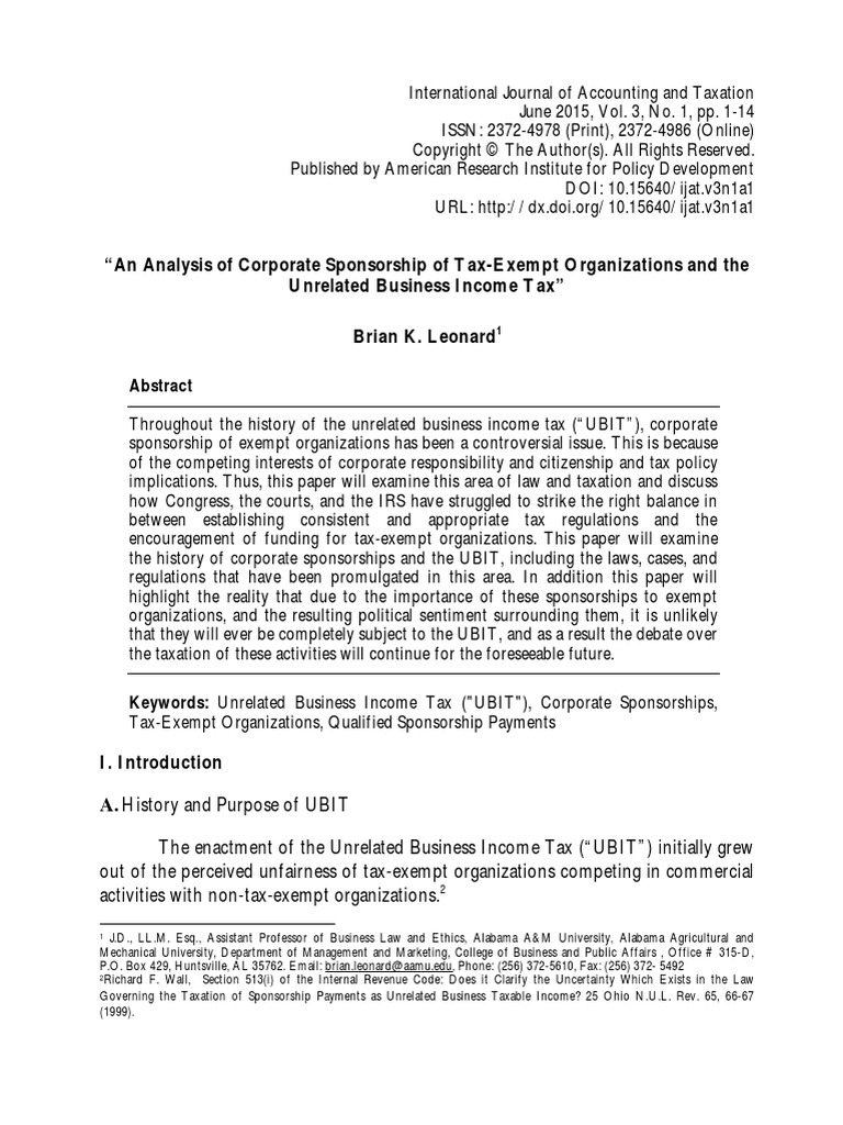 "An Analysis of Corporate Sponsorship of TaxExempt Organizations and