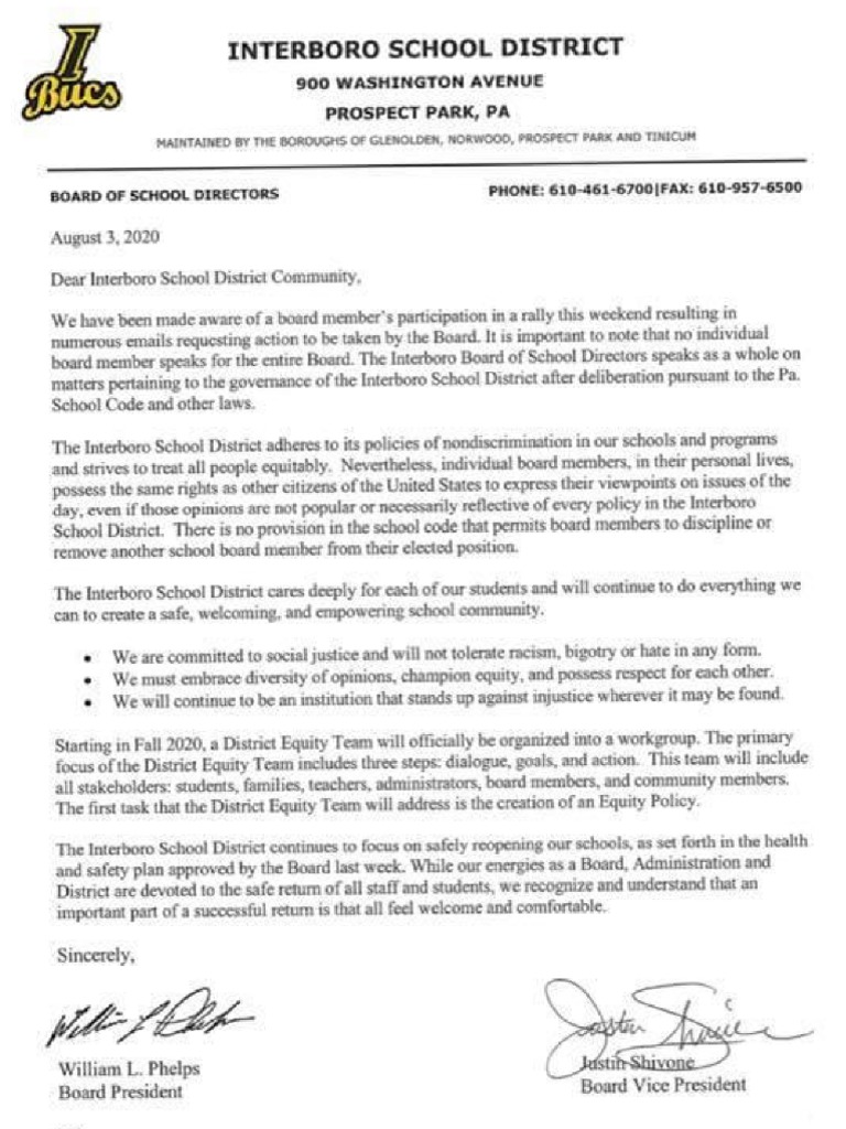 Interboro School District Board Letter About Christine Alonso at Black
