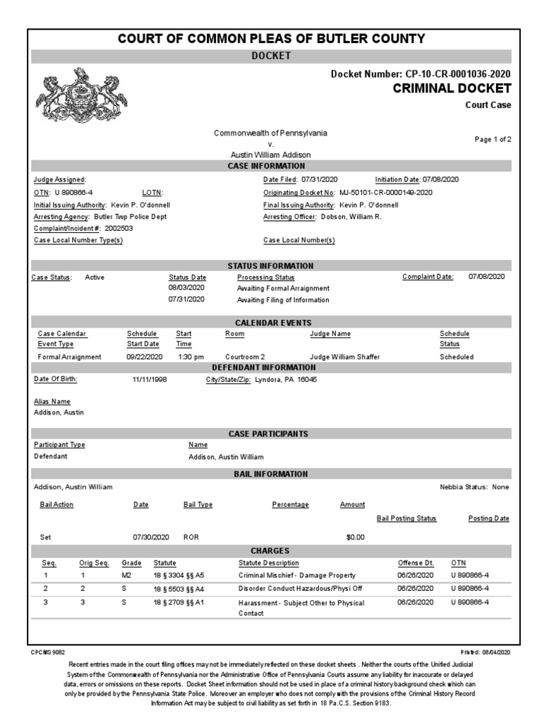 Austin Addison Court of Common Pleas Docket Arraignment Plea Austin Addison Court of Common Pleas Docket Arraignment Plea