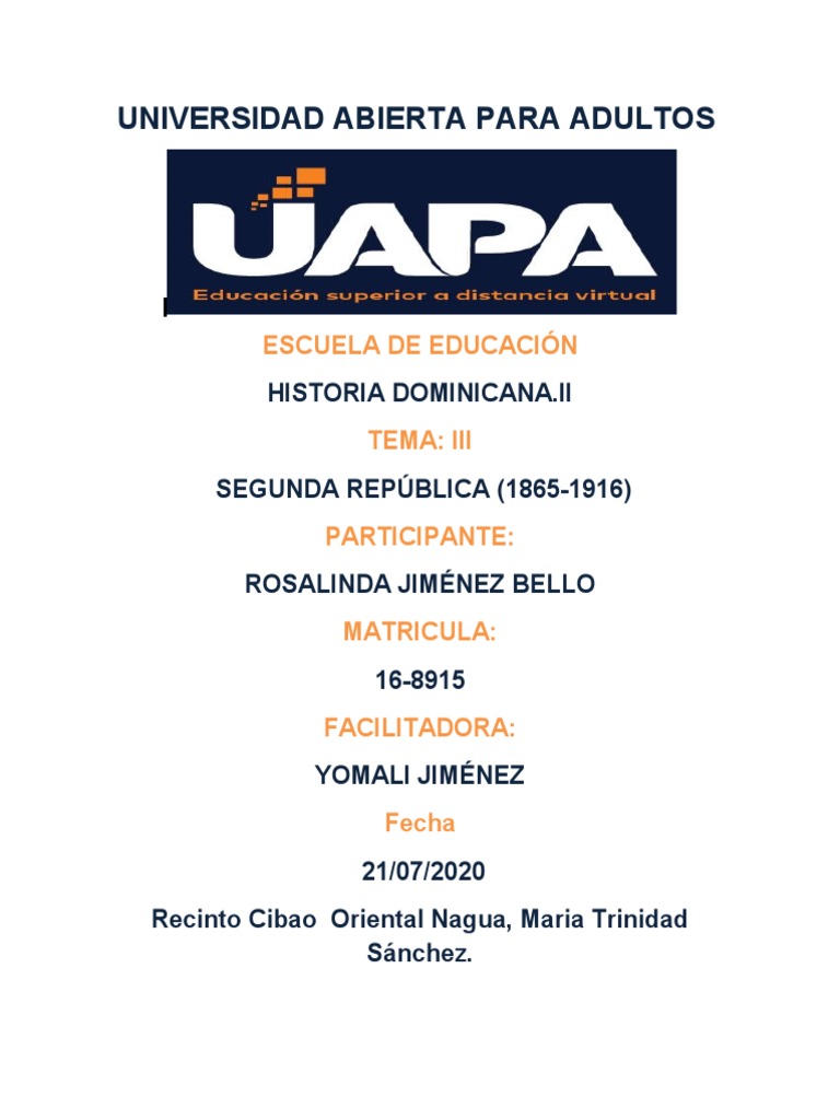 Tarea Iii Hist. Dominicana Ii Rosalinda Jimenez 2020 Descargar gratis PDF República