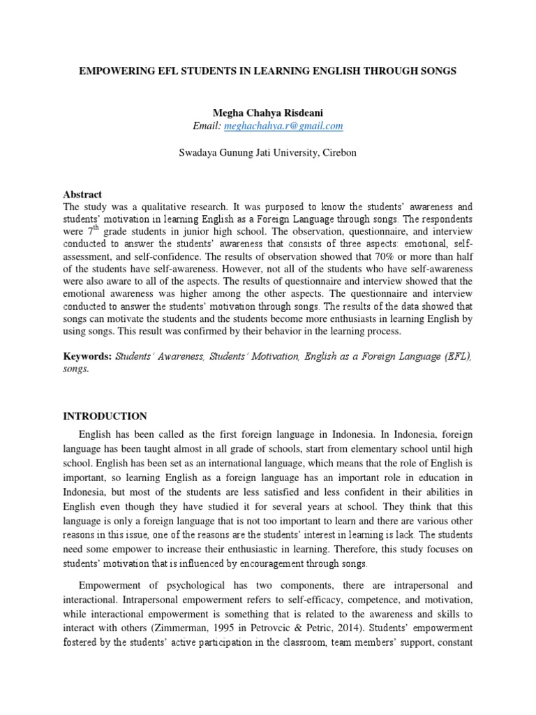 EMPOWERING EFL STUDENTS IN LEARNING ENGLISH THROUGH SONGS Journal | PDF ...
