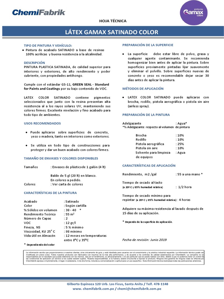 Hoja Técnica de Pintura Gamax Satinado | PDF | Pintar | Materiales