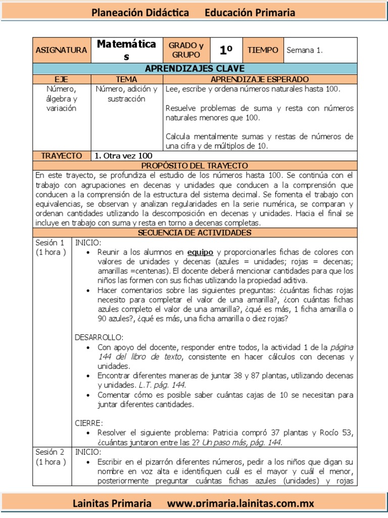 Planeación Matemáticas 1º Primaria | PDF | Sustracción | Balanza