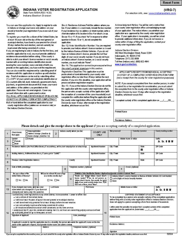 Indiana Voter Registration Application | PDF | Identity Document ...