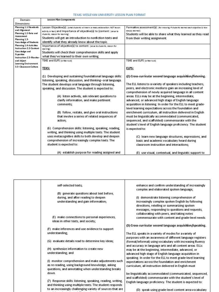 Texas Wesleyan University Lesson Plan Format Teks Elps (2) Cross