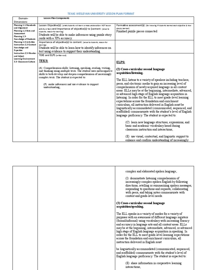 Texas Wesleyan University Lesson Plan Format Teks Elps (2) Cross
