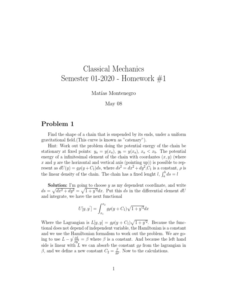 Classical Mechanics Semester 01 2020 Homework 1 Problem 1 Pdf