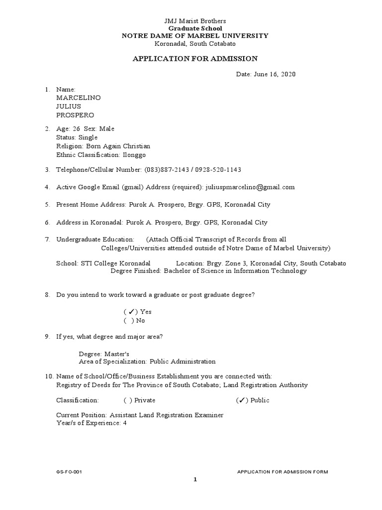 Graduate Admission Application Form | PDF | Graduate School | Academic ...