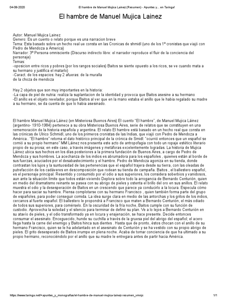 El Hambre De Manuel Mujica Lainez Resumen Y Análisis Del Cuento Pdf