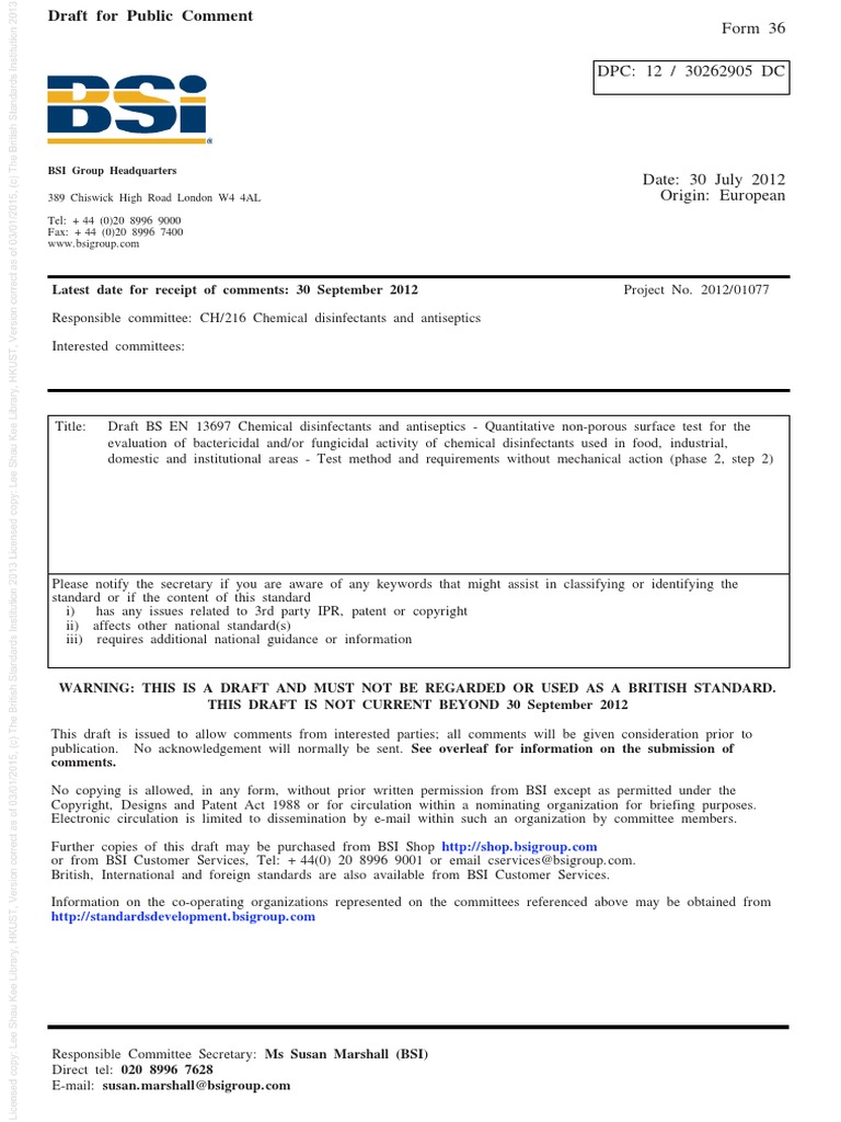 [BS EN 13697] Chemical disinfectants and antiseptics. Quantitative