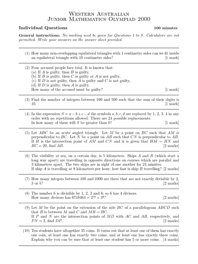 WA Junior Math Olympiad 2000 Questions | PDF | Triangle | Elementary ...