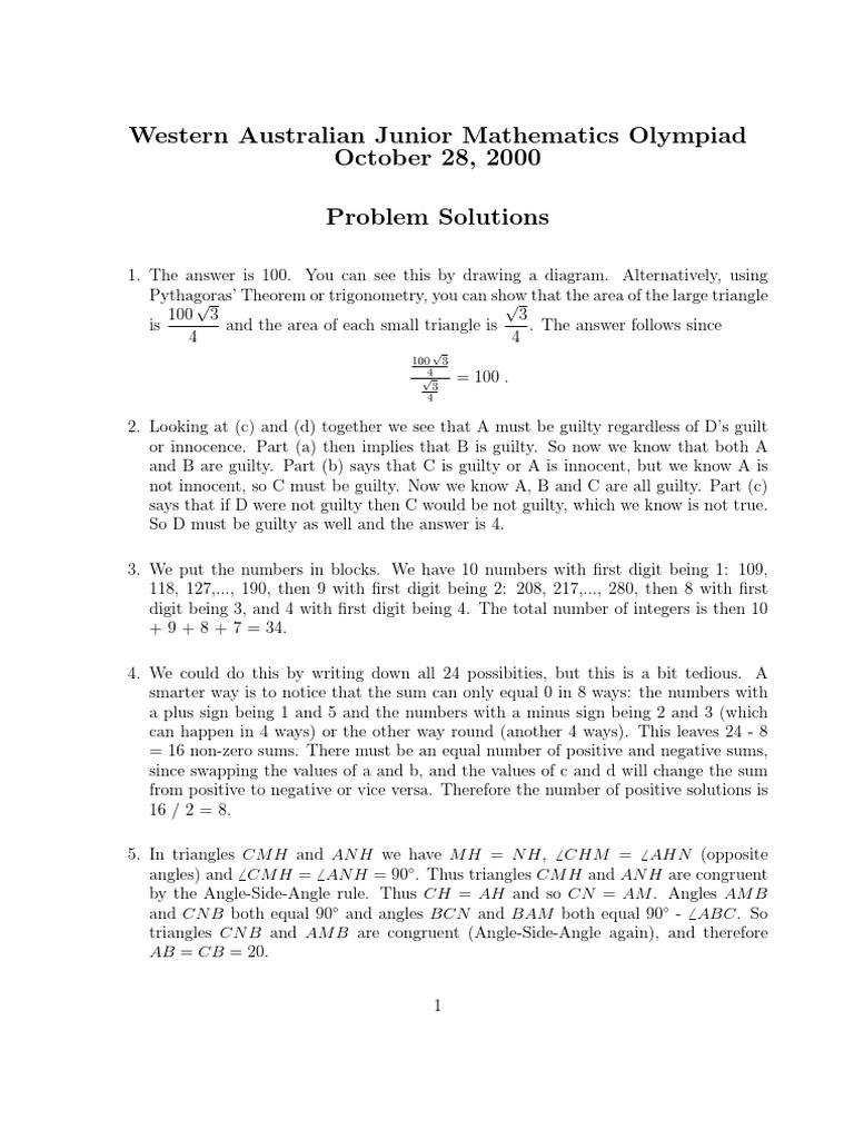 WA Junior Maths Olympiad Solutions | PDF | Triangle | Space