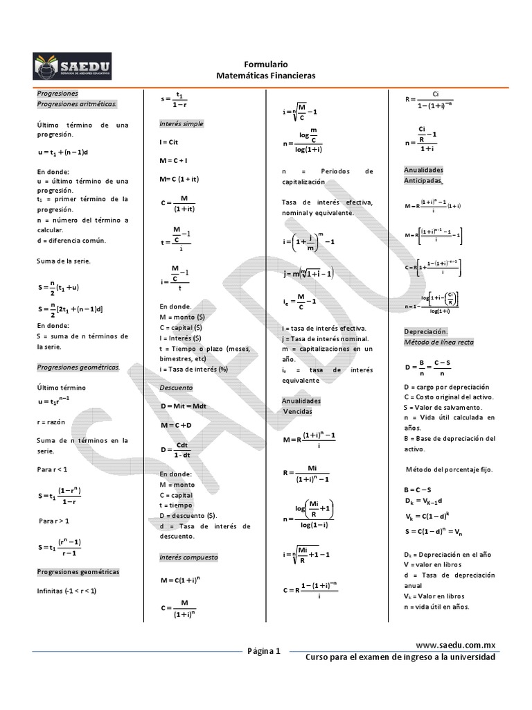 Formulario Matematicas Financieras | PDF | Finanzas Matemáticas ...