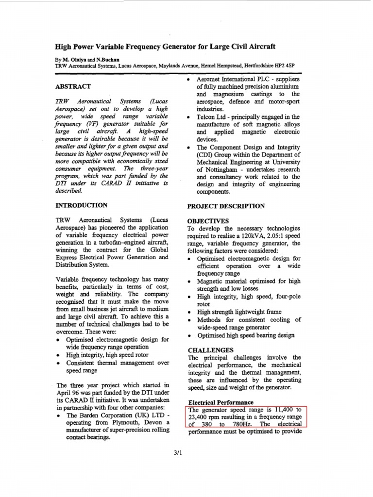 High Power Variable Frequency Generator For Large Civil Aircraft | PDF ...