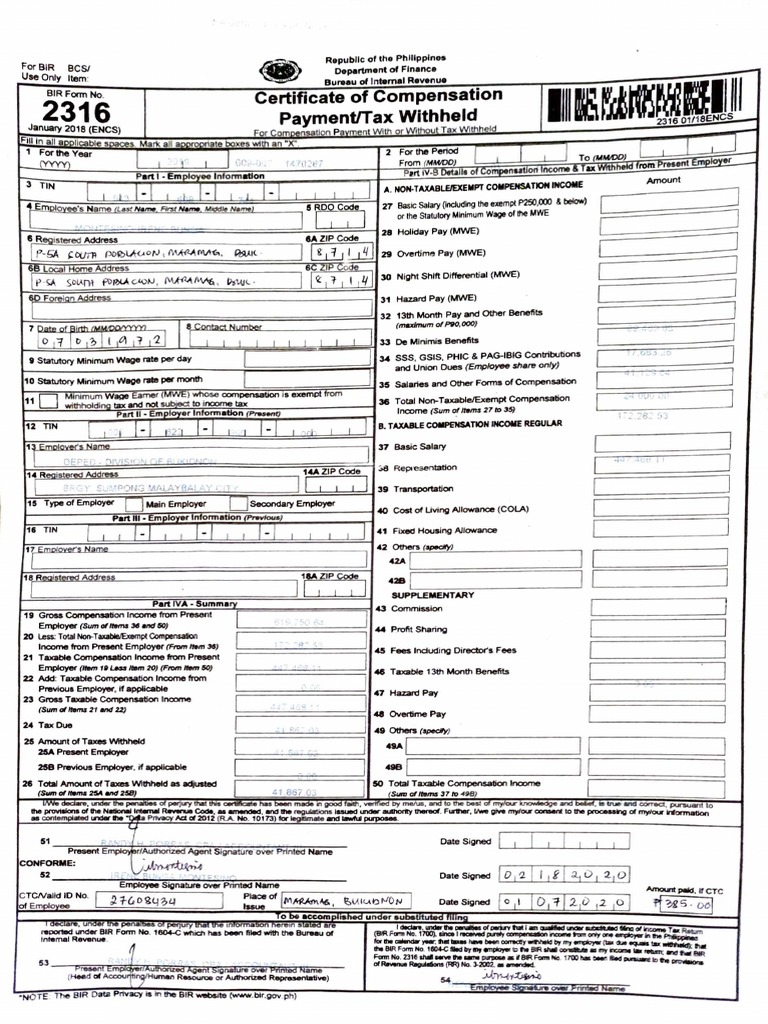 BIR Form 2316: Compensation Certificate | PDF | Services (Economics ...