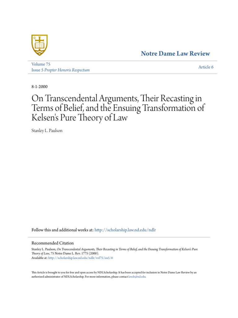 Paulson 00 On Transcendental Arguments And Kelsen S Pure Theory Of Law Pdf Immanuel Kant Transcendence Philosophy