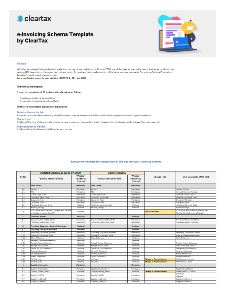 E-Invoicing Schema Template by Cleartax: Pre-Read | PDF | Payments ...