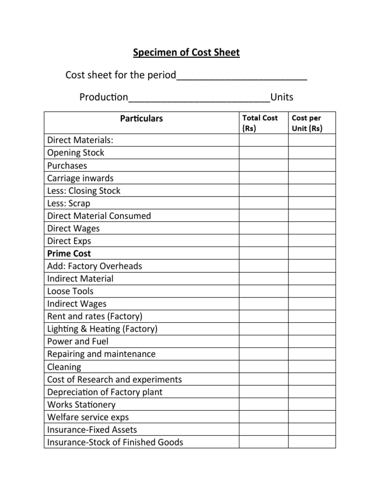 Specimen of Cost Sheet
