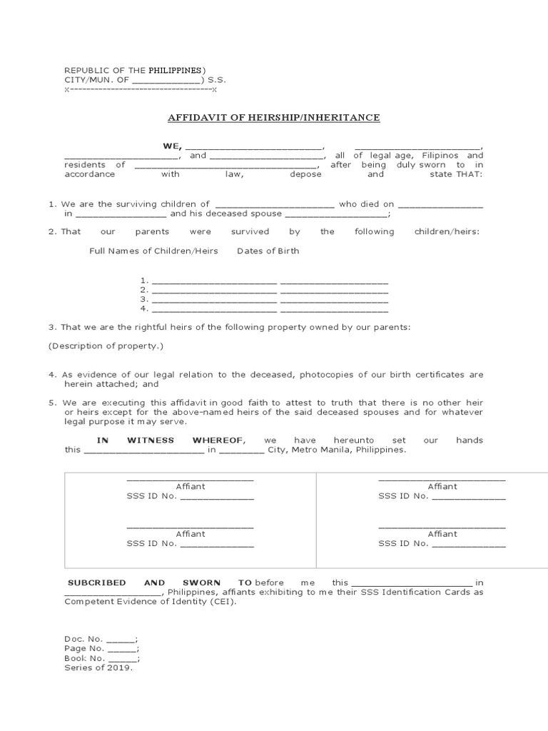 Affidavit of Heirship/Inheritance: Philippines | PDF | Affidavit ...