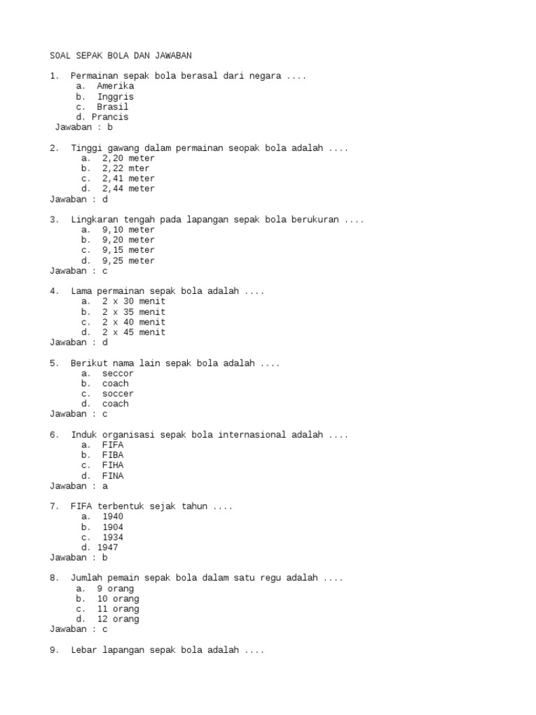 Soal Dan Jawaban Materi Sepakbola