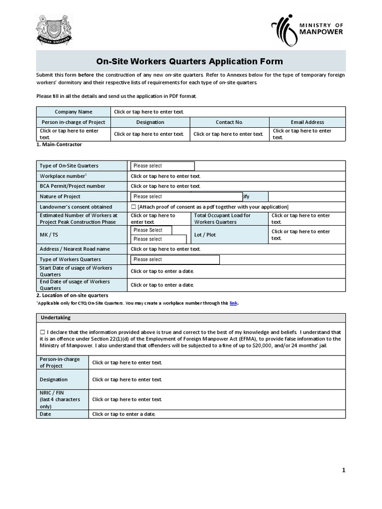 On-Site Workers Quarters Application Form: 1. Main-Contractor | PDF ...