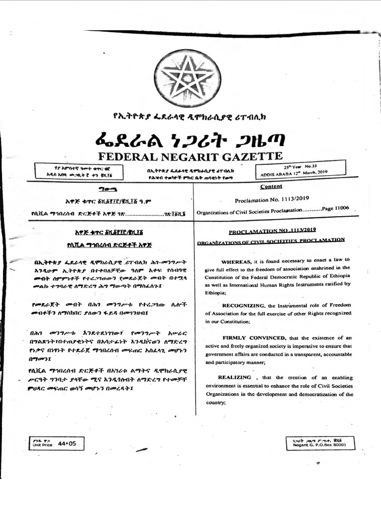 Ethiopia Proclamation No 11132019 PDF Policy Public Sphere