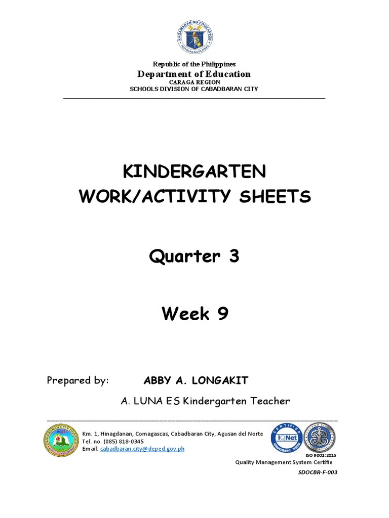 A.luna Es Kinder-Activity-Worksheets Q3-Week9 | Pdf