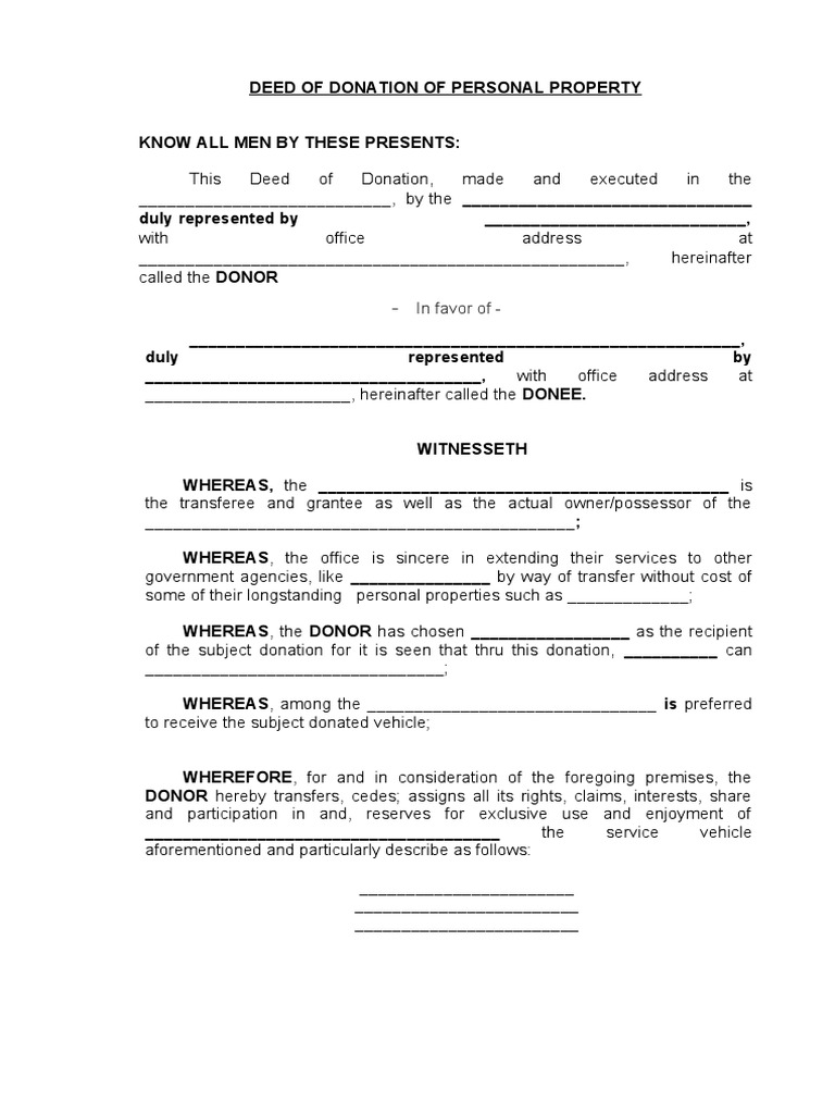 DEED OF DONATION OF PERSONAL PROPERTY (Blank) PDF Property Law