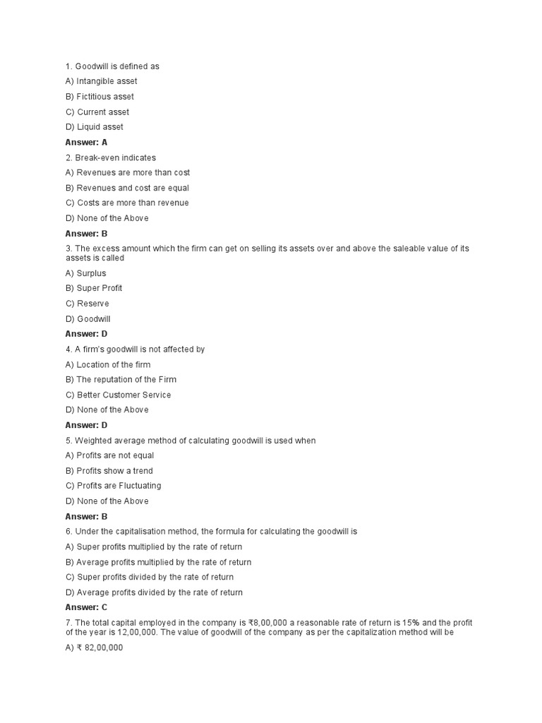 Crv Goodwill Mcq Goodwill Accounting Equity Finance