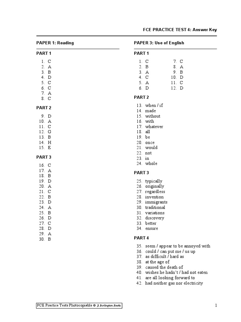 Fce Practice Test 4: Answer Key Paper 1: Reading Paper 3: Use Of English |  Pdf